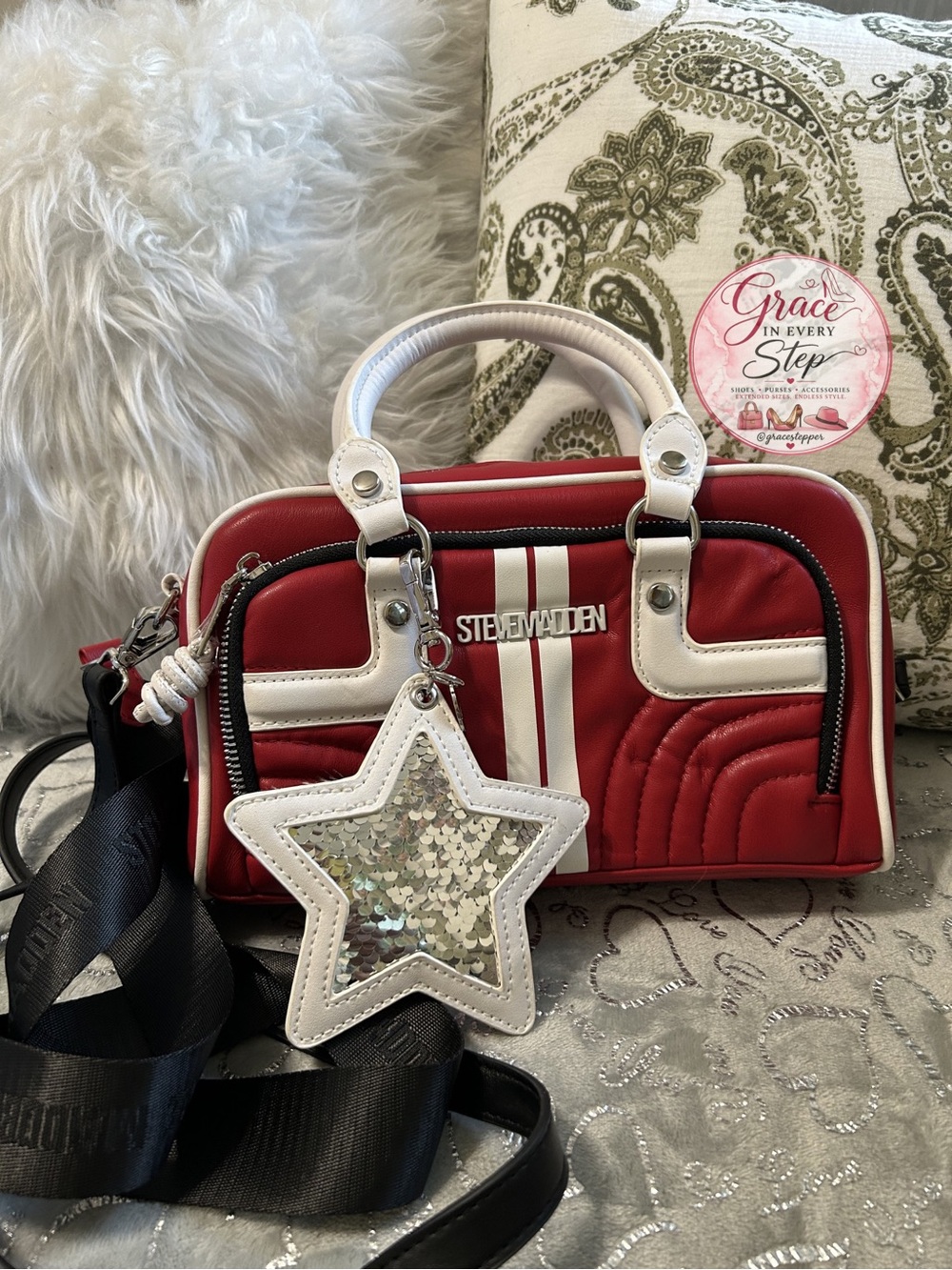 NEW Steve Madden Red and White Mini Satchel Crossbody with Star Charm